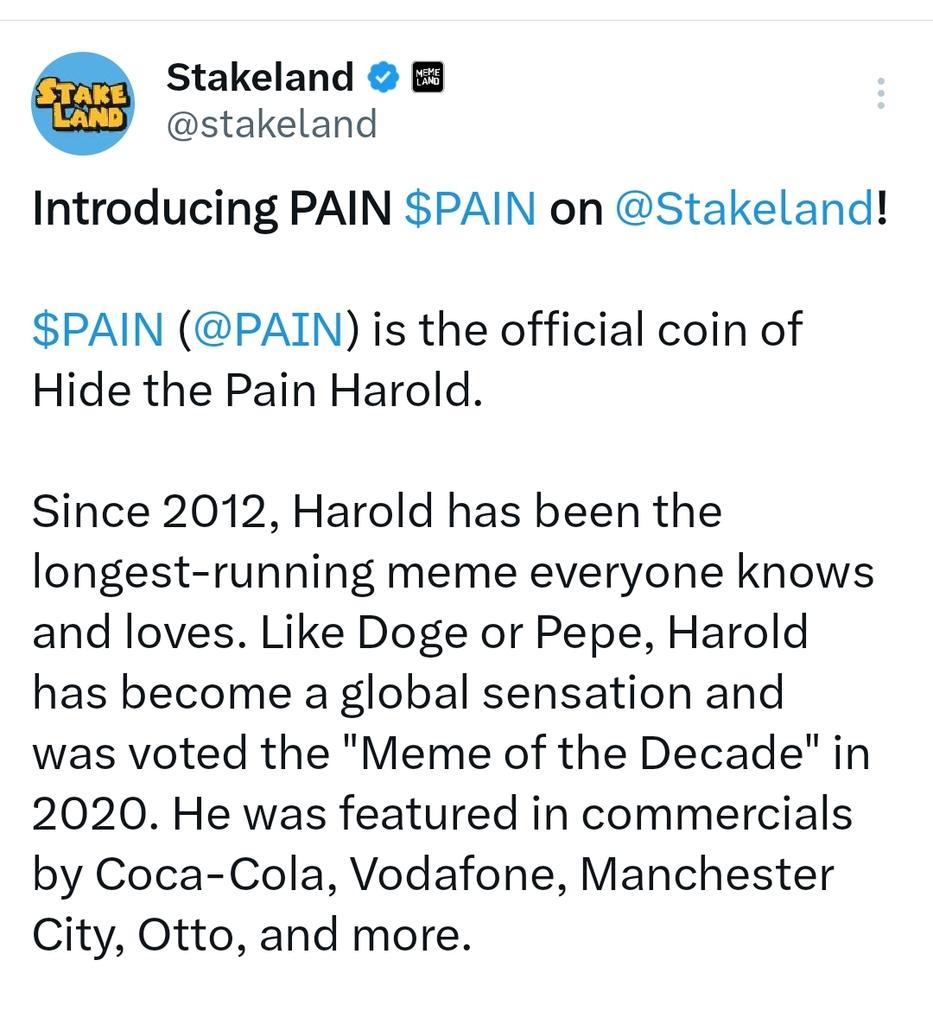 $PAIN token farming launched on Stakeland.

Ends in 4 days.

Requirement: Staked $MEME on Stakeland.

Join here:
stakeland.com/farming