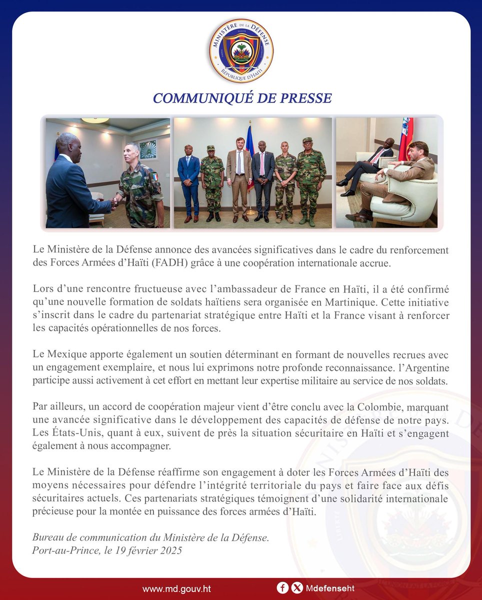 MINISTÈRE DE LA DÉFENSE 
Port-au-Prince, le 19 février 2025
COMMUNIQUÉ DE PRESSE