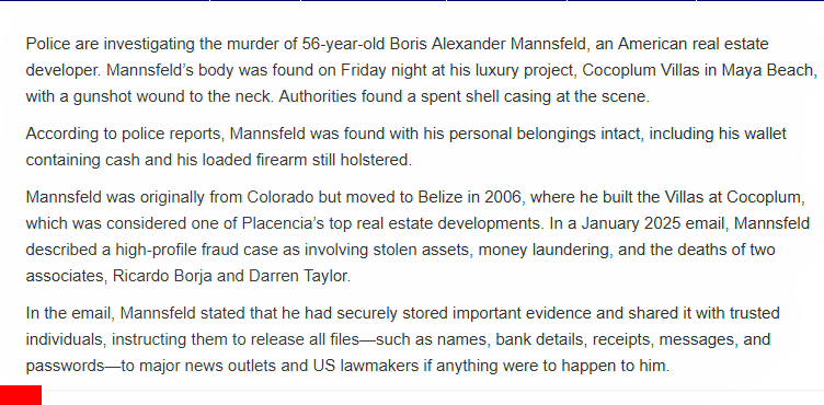 American investor Boris Alexander Mannsfeld 56 Colorado, murdered in Placencia, Belize.