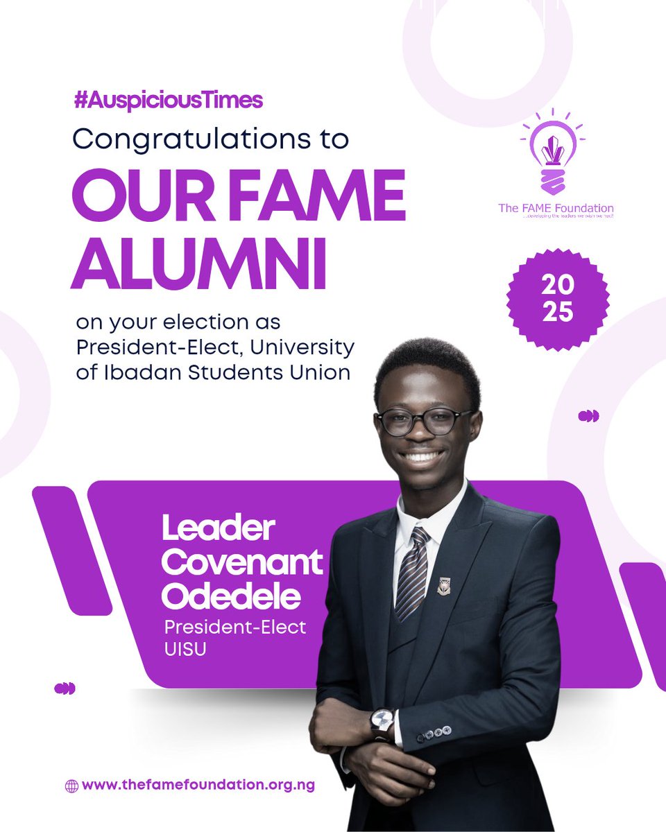 thefamefdn's tweet photo. #FAMEAlumniSpotlight 📢 We are proud to celebrate the emergence of one of our FAME Alumni, Leader Covenant Odedele, as the President-Elect of the University of Ibadan Students Union.

We congratulate him and wish him the very best in his administration.

#thefamefoundation https://t.co/9NExzHWd2b