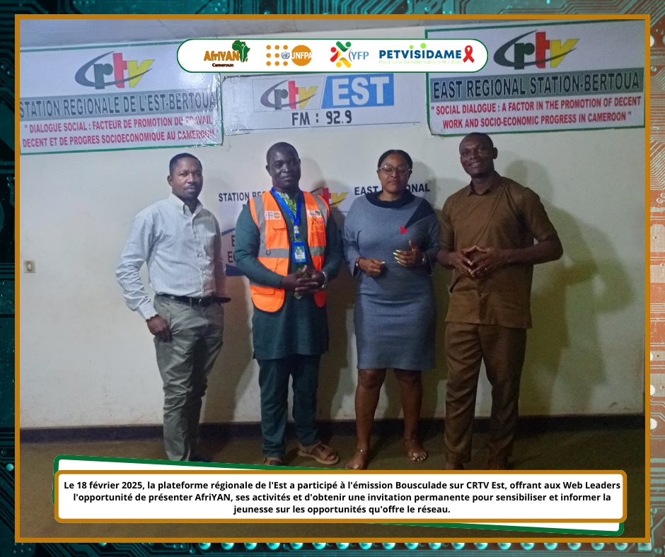 AfriYAN_Camer's tweet photo. Shining on @CRTV_web East! #YouthFP now a permanent guest on "Bousculade" show, inspiring &amp; informing youth! Stay tuned for more exciting discussions! Empowering young people through media, one show at a time!
 #PutYoungPeopleFirst
#YouthFP https://t.co/l92LYULTHr