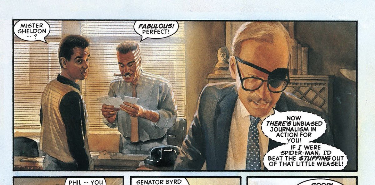 WebheadArchive's tweet image. Peter Parker’s brief appearance in Kurt Busiek and Alex Ross’ MARVELS is so brilliantly done. 

Passionate photojournalist Phil Sheldon trying his best to win J.J.J. over on Spider-Man, only for this punk kid to barge in and exploit the wall crawler for cash. What a scumbag.