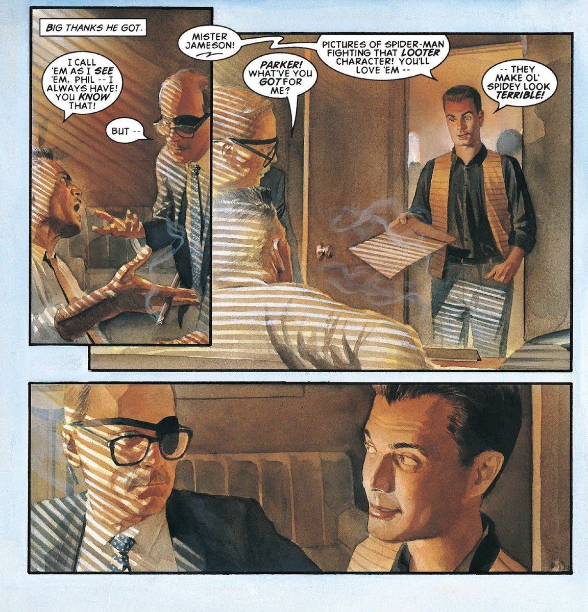 WebheadArchive's tweet image. Peter Parker’s brief appearance in Kurt Busiek and Alex Ross’ MARVELS is so brilliantly done. 

Passionate photojournalist Phil Sheldon trying his best to win J.J.J. over on Spider-Man, only for this punk kid to barge in and exploit the wall crawler for cash. What a scumbag.
