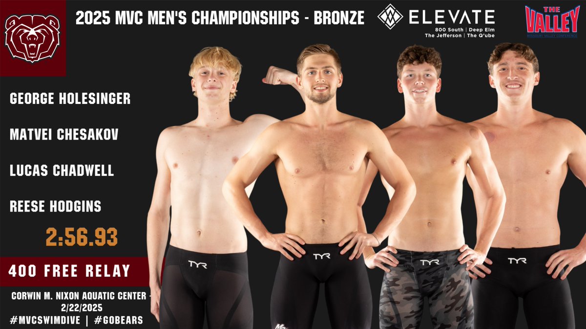 MoStateSwim's tweet photo. The Bears earn a medal in all five relay events and end the MVC Championships with a 🥉 in the 400 free relay.

#MVCSwimDive | #GoBears 🐻🏊‍♂️ https://t.co/xtZaTi7oFy