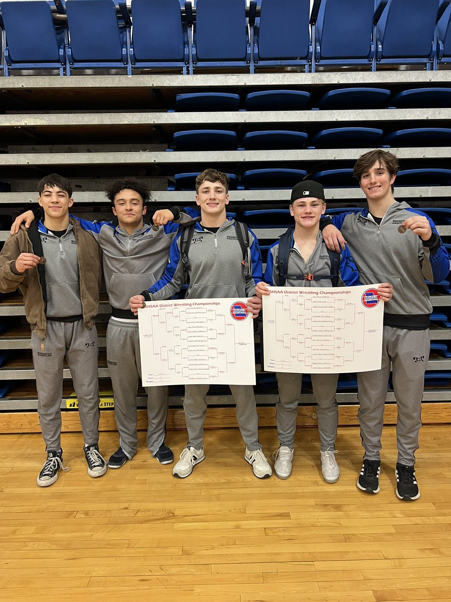 CoachMattHolt's tweet photo. Marshfield Boys Wrestling had a very successful weekend at Districts - 5 State Qualifiers, 2 District Champions, a District Runner Up, a 3rd Place, a 4th Place, and 4th Place as a Team. #tcob #bluejaypride https://t.co/wrM0HdEqQu