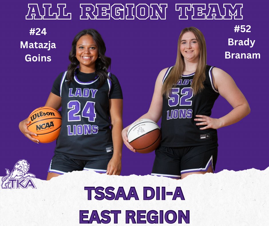 TKA Lady Lions Basketball (@tkaladylionswbb) on Twitter photo Congratulations to <a href="/Brady_Branam/">bradybranam</a> (2025) <a href="/goins_matazja/">Matazja Goins</a> (2026) for being named TSSAA DII-A East Region All Tournament Team.
#LadyLionsFamily Congratulations to <a href="/Brady_Branam/">bradybranam</a> (2025) <a href="/goins_matazja/">Matazja Goins</a> (2026) for being named TSSAA DII-A East Region All Tournament Team.
#LadyLionsFamily