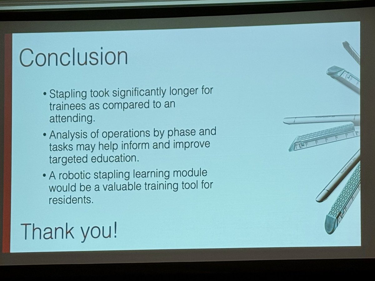 StanfordSurgery's tweet photo. 🤖 Robotic surgery allows us to analyze each portion of the case! @JustineChinn1’s research shows that stapling took significantly longer for trainees as compared to an attending. #surgEd #roboticsurgery @OpNotes #pcsa2025 https://t.co/ItWmDC7uX2