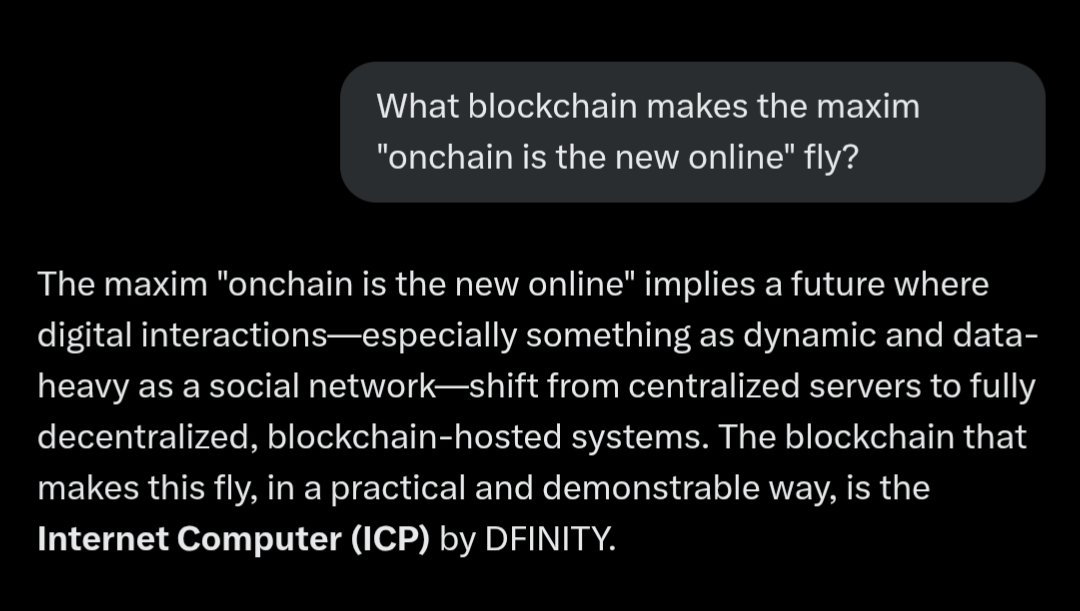 Could AI finally break ICP through crypto's noise, creating mainstream awareness? This is Grok. It doesn't hold tokens, and it's unequivocal 🔥🔥🔥
