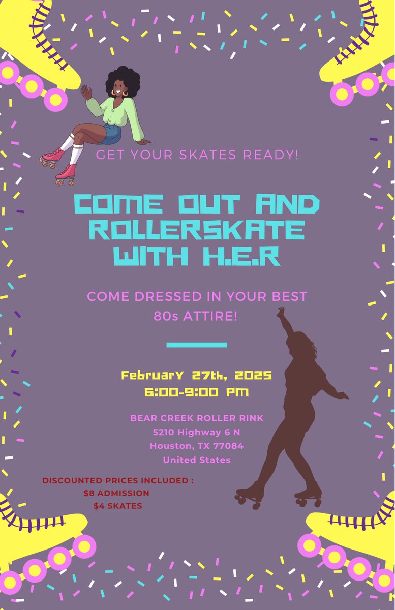 Roll back to the 80s with H.E.R! ⛸ Celebrate Black History Month with a night of culture and community. Grab your best retro fit and meet us at Bear Creek Roller Rink. Don’t miss out on the fun discounted prices included! See you on the rink! # #SkateWithHER #80s #BHM