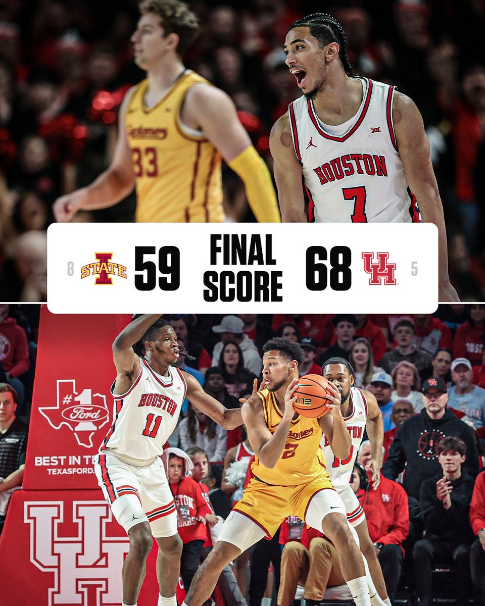 espn's tweet photo. THE COUGARS HAVE WON 19 OF THEIR LAST 20 GAMES‼️ 

No. 5 @UHCougarMBK beats No. 8 Iowa State! https://t.co/HA2I6zF97f