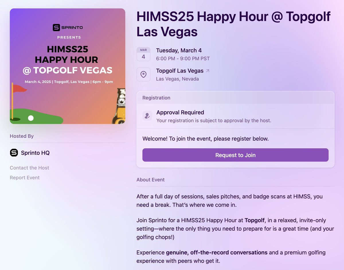 Health IT Pros!!

#HIMSS25 is Just ONE Week Away!

Don't Miss Out On The 

@SprintoHQ HIMSS25 Happy Hour at Topgolf! 

Premium Golfing in a Relaxed Environment

with Peers Who Get It!

RSVP Now! bit.ly/SprintoHIMSS25 

#HIMSS #HealthIT

-Sponsored-