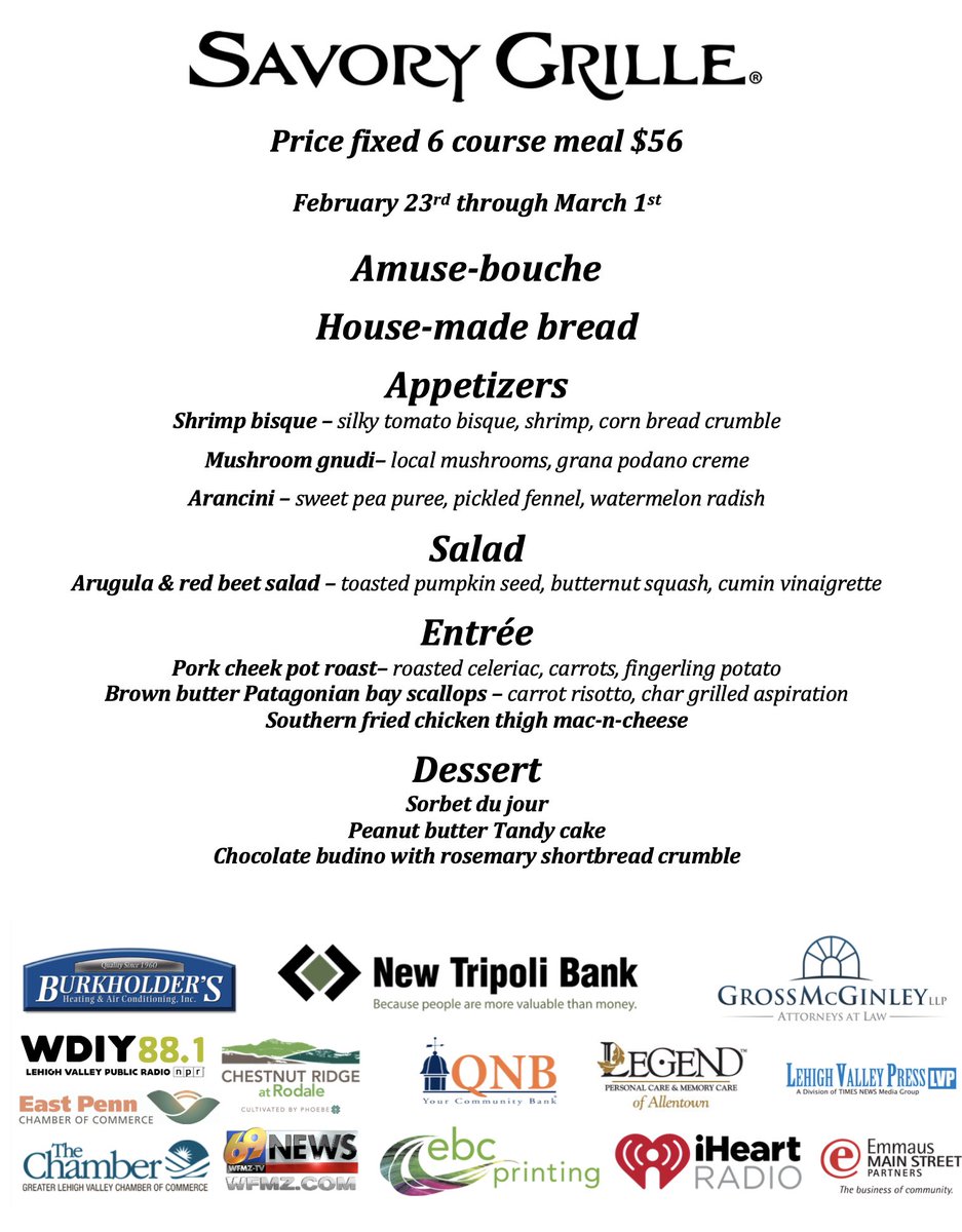 East Penn Restaurant Week - Sunday the 23rd through Saturday the 1st of March 

savorygrille.com/scuttlebutt/
#savorygrille #savorygrillepa #eastpennrestaurantweek #localbusiness