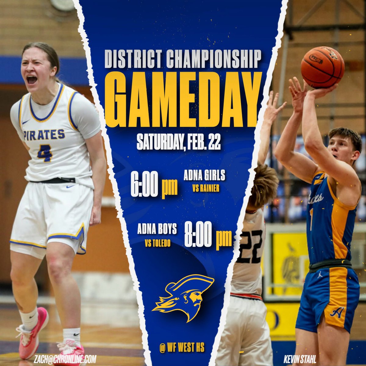 🟡🔵🏀GAMEDAY🏀🔵🟡

🏀DISTRICT CHAMPIONSHIPS🏀

Lady Pirates vs. Rainier
Pirates vs. Toledo

🗓️ 2/22/2025
📍WF West High School
⏰ 6:00pm - Girls
       8:00pm - Boys

#InOurFoxhole #ThePowerOfWe #ThePirateWay