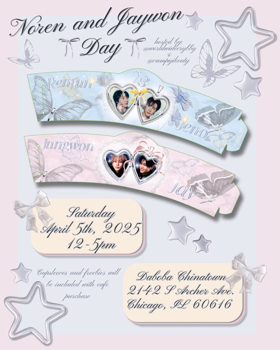 engenes and czennies ୨ৎ 

come celebrate our favorite duos this april ♡ o ｡･:*:･ﾟ★,｡･:*:･ﾟ☆

on saturday april 5th from 12-5 at @dabobachicagochinatown you come celebrate noren and jaywon with us! ★ 🐈🐈‍⬛🐶🦊

we hope to see you there! pls share 💛💗😇