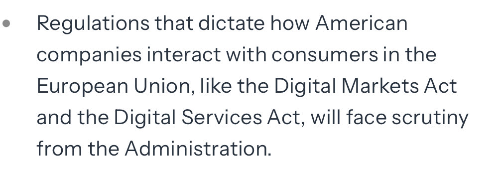 <a href="/lewis_crofts/">Lewis Crofts</a> <a href="/realDonaldTrump/">Donald J. Trump</a> The good news; the only reference to the Digital Markets Act is screenshotted and not tied to tariff retaliation. DMA follows competition principles advocated by many in the new administration.