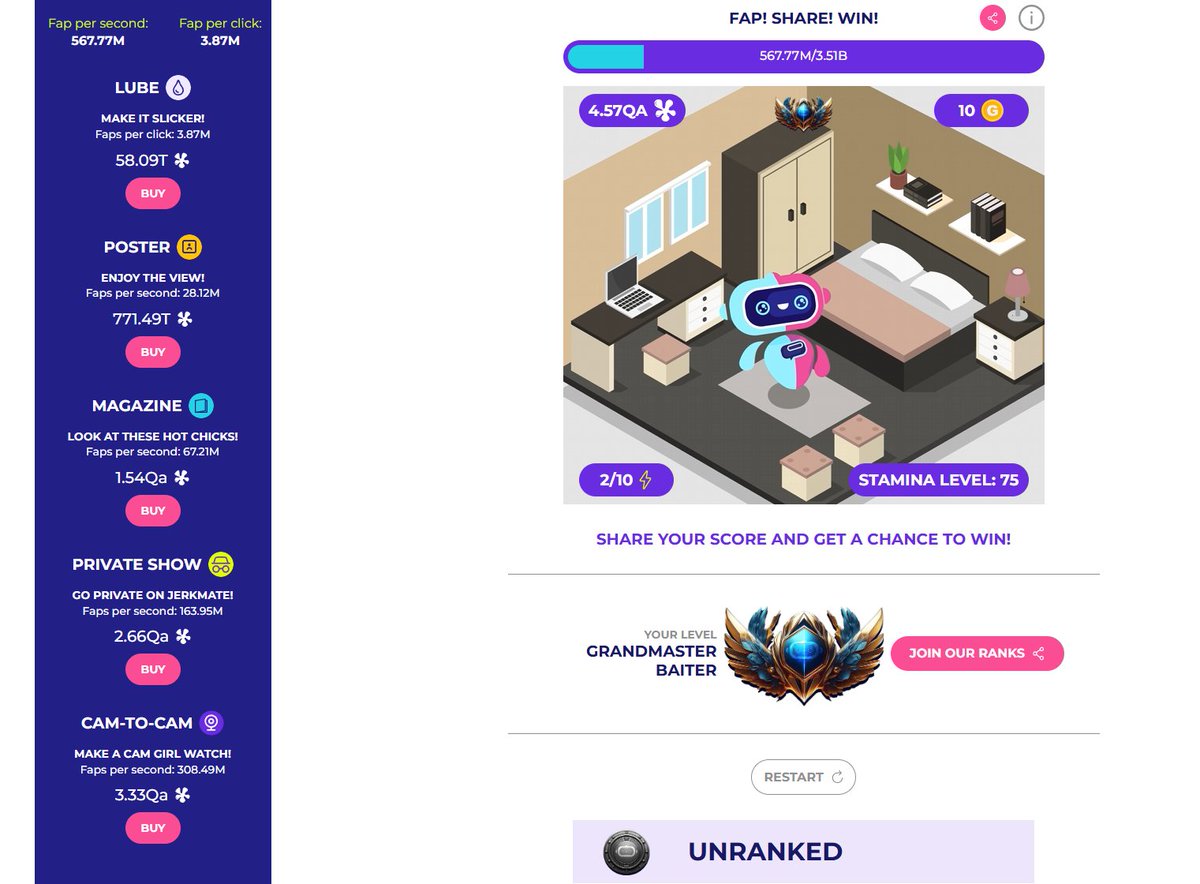 I reached the Grandmaster Baiter rank (75) in Jerkmate Ranked - The Game 🏆 Dare to beat me? jerkmate.com/jerkmate-ranked #JerkmateRanked