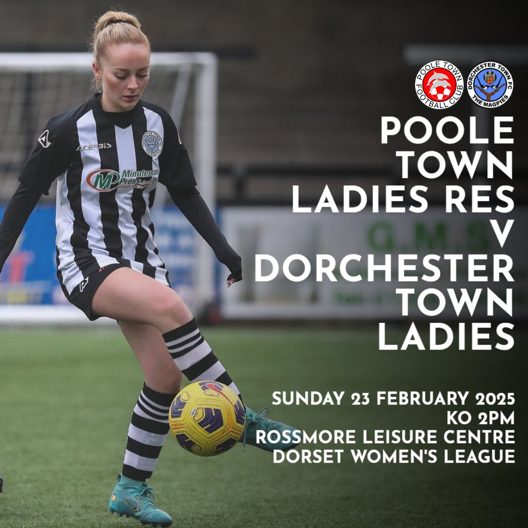 ⚽️ | 𝗠𝗔𝗧𝗖𝗛𝗗𝗔𝗬!

🆚 <a href="/PooleTownLadies/">Poole Town Ladies FC 🐬⚽️</a> Reserves
📅 Sun 23 Feb
⏰ 2pm
🏟 Rossmore Leisure Centre

#WeAreDorch ⚫️⚪️
