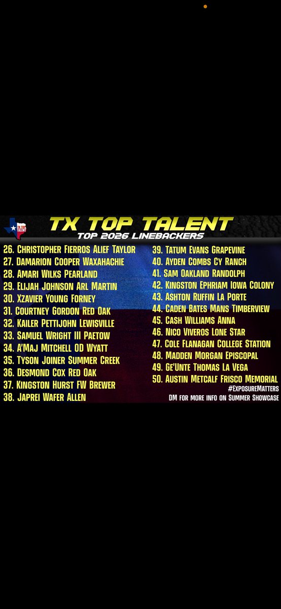 Kingston Ephriam (@k1ngston08) on Twitter photo Thank you for the ranking at #42 <a href="/TXTopTalent/">TX TOP TALENT</a>. Only up from here📈<a href="/coachrgarza/">Ray Garza</a> <a href="/IC_PioneersFB/">Iowa Colony Football</a> <a href="/Rivals_Jeff/">Jeff McCulloch</a> <a href="/RivalsCorey/">Corey Gibson</a> <a href="/WillTurboff/">Will Turboff</a> <a href="/Bdpeveto/">Bradley Dale Peveto</a> <a href="/Da_DREAM47/">Akeem Davis</a> <a href="/Coach_JBruce/">Jeremy Bruce</a> <a href="/brodysweigart/">Brody</a> <a href="/JamesDJackson15/">James D. Jackson</a> <a href="/dishman_cris/">Cris Dishman</a> Thank you for the ranking at #42 <a href="/TXTopTalent/">TX TOP TALENT</a>. Only up from here📈<a href="/coachrgarza/">Ray Garza</a> <a href="/IC_PioneersFB/">Iowa Colony Football</a> <a href="/Rivals_Jeff/">Jeff McCulloch</a> <a href="/RivalsCorey/">Corey Gibson</a> <a href="/WillTurboff/">Will Turboff</a> <a href="/Bdpeveto/">Bradley Dale Peveto</a> <a href="/Da_DREAM47/">Akeem Davis</a> <a href="/Coach_JBruce/">Jeremy Bruce</a> <a href="/brodysweigart/">Brody</a> <a href="/JamesDJackson15/">James D. Jackson</a> <a href="/dishman_cris/">Cris Dishman</a>