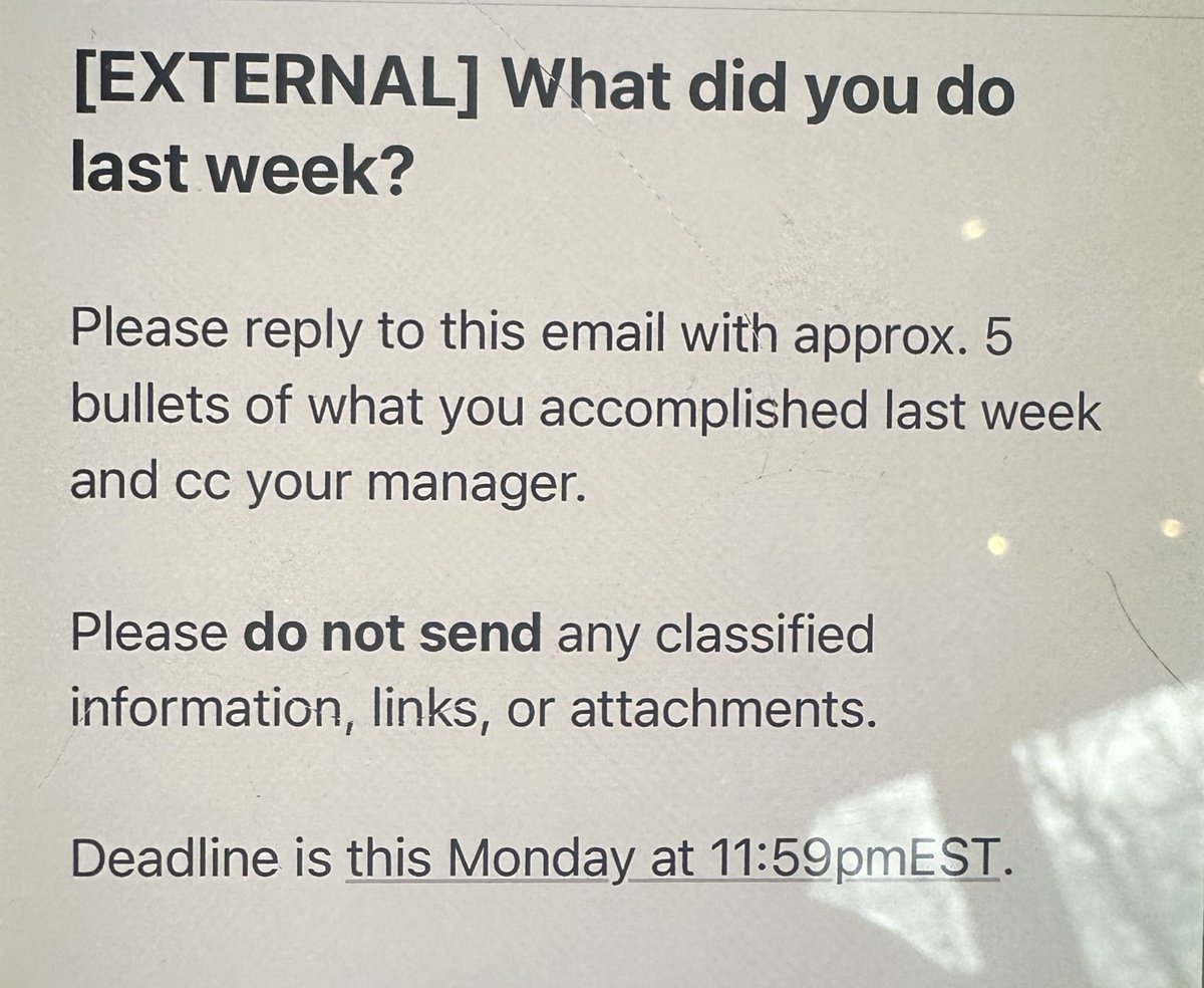 Evan Koslof (@ekoslof) on Twitter photo NEW: I’ve learned this email was just sent to federal employees.
Asking federal workers to outline 5 bullets of what they accomplished last week.
Apparently part of the Trump admin (DOGE) effort to identify and cut the workforce.
<a href="/SpectrumNewsDC/">Spectrum News DC</a> NEW: I’ve learned this email was just sent to federal employees.
Asking federal workers to outline 5 bullets of what they accomplished last week.
Apparently part of the Trump admin (DOGE) effort to identify and cut the workforce.
<a href="/SpectrumNewsDC/">Spectrum News DC</a>