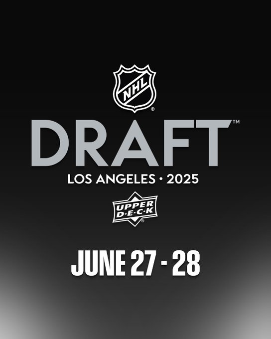 On a black and silver background is the NHL logo. Below that in silver and white text "Draft. Los Angeles. 2025. Below that is the Upper Deck logo followed by "June 27-28" in white text. 
