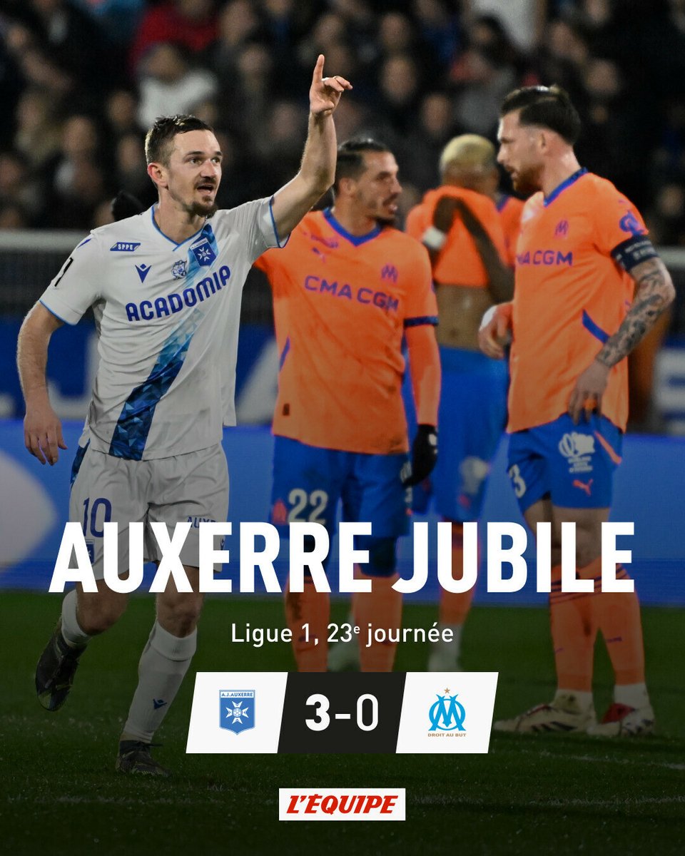 lequipe's tweet photo. L'OM a trouvé sa bête noire et tombe une nouvelle fois face à Auxerre

➡️ https://t.co/pJOlBLHm25 #AJAOM https://t.co/86MDwm4ctF