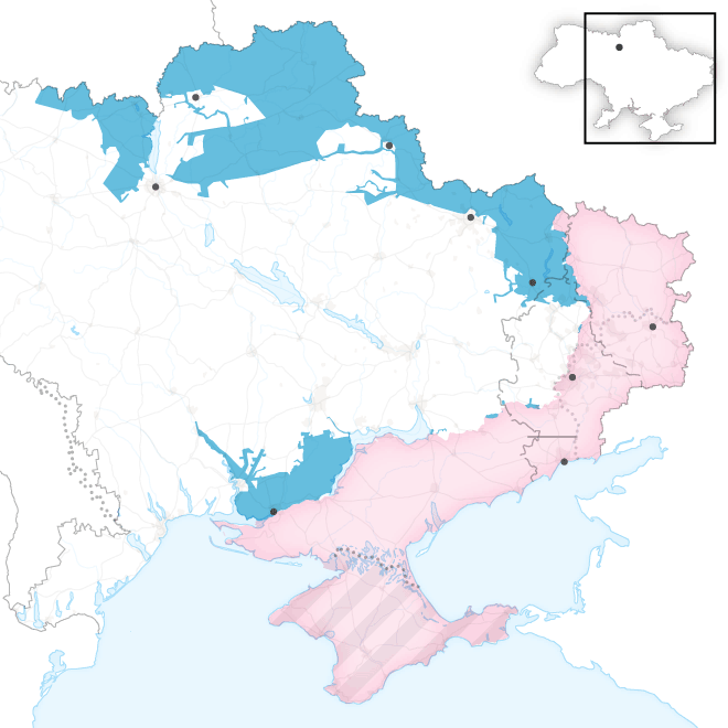 KPisarska's tweet photo. For those claiming that Putin has won his "three days war" with Ukraine. In blue the territory that Ukraine has liberated since the 2022 invasion. I would say that this is an impressive use of military assistance obtained from the West. https://t.co/LF5JMxZPhb