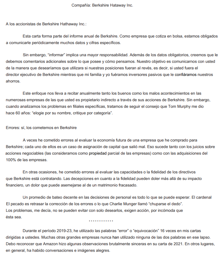 Carta anual de Berkshire 2024 en 🇪🇸 (podéis descargar la original en el translate de Google y tenerla en pdf)

Tiene tintes de despedida, esperemos que no sea la última. 🥹🥹

Si queréis compartir se agradece, sino ya estoy acostumbrado al cariño de X y Elon. 😀😂