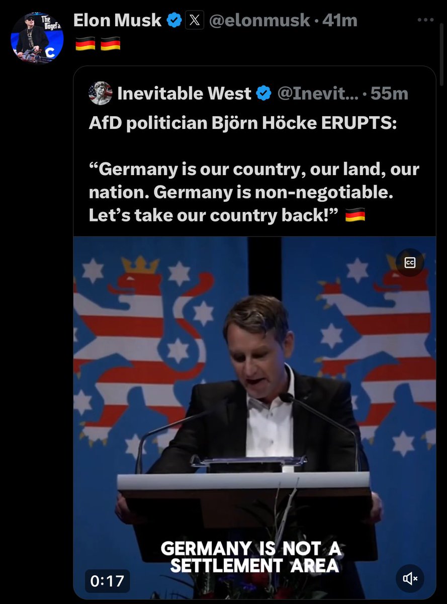 Elon Musk just amplified Björn Höcke—a leader of Germany’s far-right AfD, an extremist who called the country’s Holocaust memorial a “monument of shame,” demanded a “180-degree turn” in how Germany remembers Nazi crimes, and was convicted for using a Nazi slogan.

This is Musk.