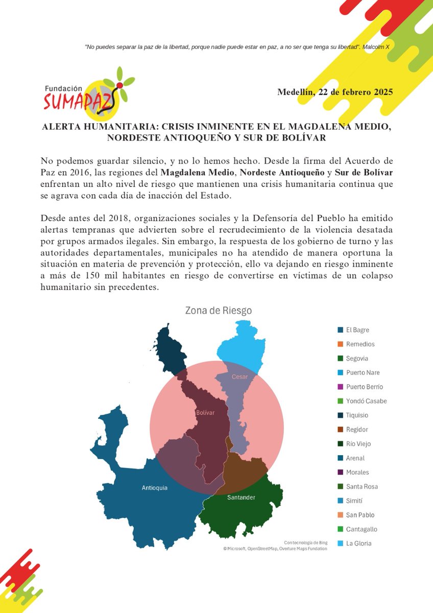 FunSumapaz's tweet photo. Alerta por crisis humanitaria inminente en #Nordeste, #SurDeBolívar y #MagdalenaMedio.

@petrogustavo @mindefensa @MinInterior @ONUHumanRights @NoruegaenCOL @nhrf_hrd @FondoNoruego_es @SomosDef @ProyectoCres @leonardonzalez @Indepaz @harmanfelipe @cdpsanjose @soydeituango https://t.co/E5cA1g30CU