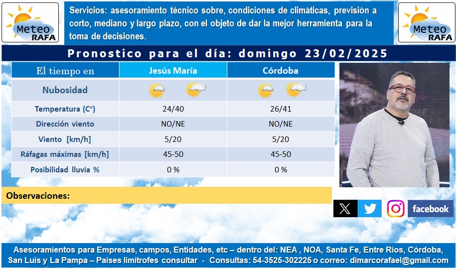 dimarcorafael's tweet photo. NOTICIAS DEL TIEMPO 22/02/2025
¡Casi casi, estamos en el mismo inferno!!!!
A nivel país, se pueden ver temperaturas que llegan a los 40/45°C
Junín, Mendoza 40.8°C
Anguil, La Pampa: 40.8°C
Rauch, Buenos Aires: 41.6°C
Andalgala, Catamarca: 42.7°C
Vaca Huañuna, Santiago del Estero: 42.1°C
San Fernando, Chaco: 44°C
Beazley, San Luis: 44 °C
Provincia de Córdoba temperaturas máximas:
Villa Dolores: 46.3°C
Las Toscas: 44.4°C
Cruz del Eje: 44.2°C
Parque del Chateau, Córdoba oeste: 40,2°C (pronosticado por meteorafa 40°C)
Jesús María: 38.7°C (pronosticado por meteorafa 39°C)
Temperaturas: seguirá subiendo algo más hasta el martes 25, el mismo día ingresará del sector sur un frente que bajará las temperaturas y traerá precipitaciones a la Provincia de Córdoba
Precipitaciones:
Próximas 24 horas, lo más importante puede darse en la zona de La Pampa, Mendoza, sur de San Luis, Catamarca, La Rioja, San Juan, Corrientes, Misiones, sur de Brasil y algún rebote más (atentos que, dentro de esas áreas, pueden temer tormentas desde fuertes a severas.