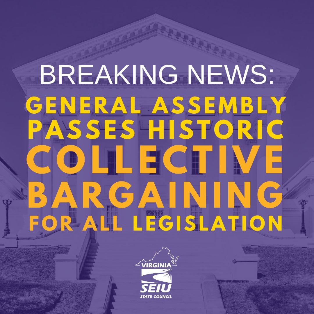 BREAKING: Virginia General Assembly passes historic bill to ensure that frontline public service workers have the freedom to collectively bargain for good union jobs &amp; quality public services for all Virginians! #VaLeg #UnionsForAll #CollectiveBargaining