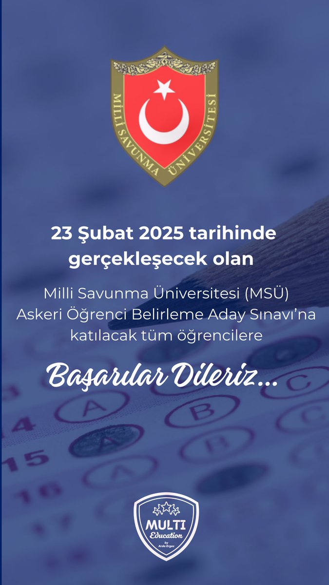 Milli Savunma Üniversitesi (MSÜ) Askeri Öğrenci Belirleme Aday Sınavı’na katılacak tüm öğrencilere başarılar dileriz. 

#MSÜ