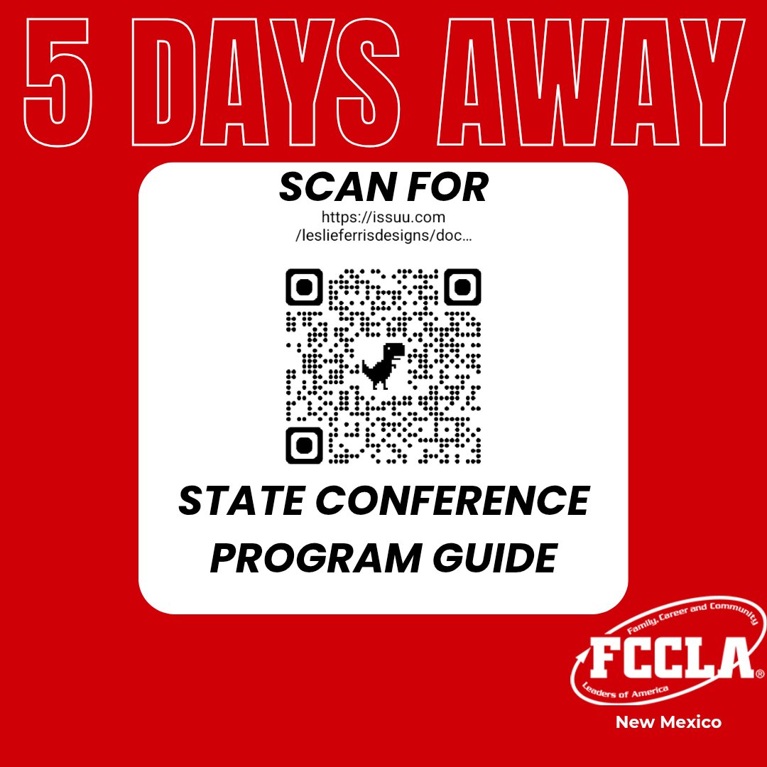 fccla_NewMexico's tweet image. Hey NM FCCLA! Our state conference is only FIVE DAYS AWAY! Scan the QR code to access our program guide, containing a full schedule and more. We can't wait to see you in Albuquerque! #IAMNMCTSO #LeagueofLeadership25