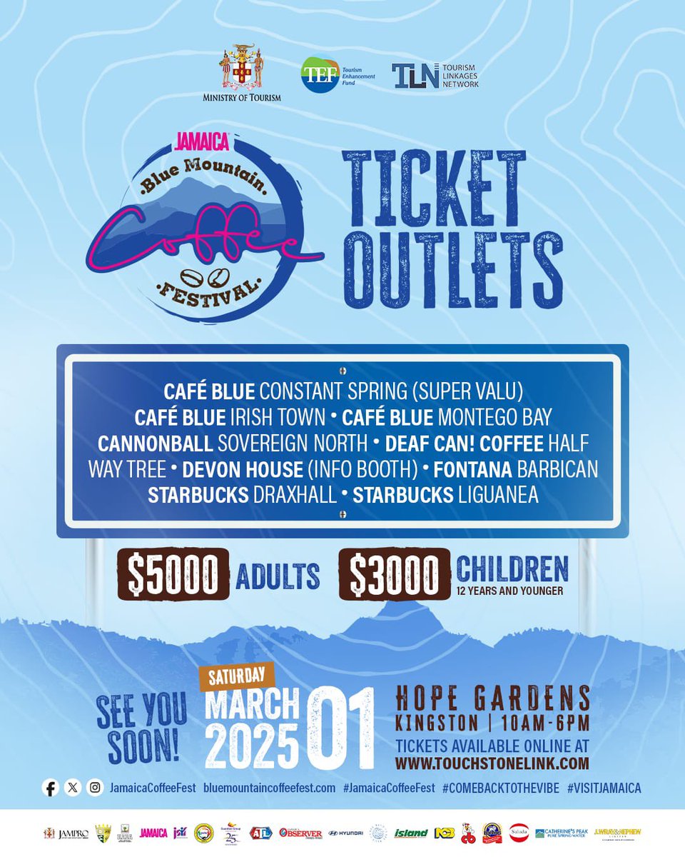 Physical tickets are now available at our authorised ticket vendors! 🎟️

Purchase tickets for the Jamaica Blue Mountain Coffee Festival from any of the above listed vendors, or at touchstonelink.com/event/jamaica-…. 

See you at the Hope Gardens on March 1! ☕️

#BlueMountainCoffeeFestival