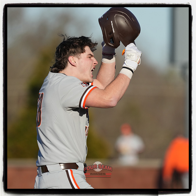 Pinch hitter Cooper McKenzie (38) of the Bowling Green Falcons shouts after hitting a three-run go-ahead home run in a game against the USC Upstate Spartans on Friday, February 21, 2025, at Cleveland S. Harley Park in Spartanburg, South Carolina. (Tom Priddy/Four Seam Images)