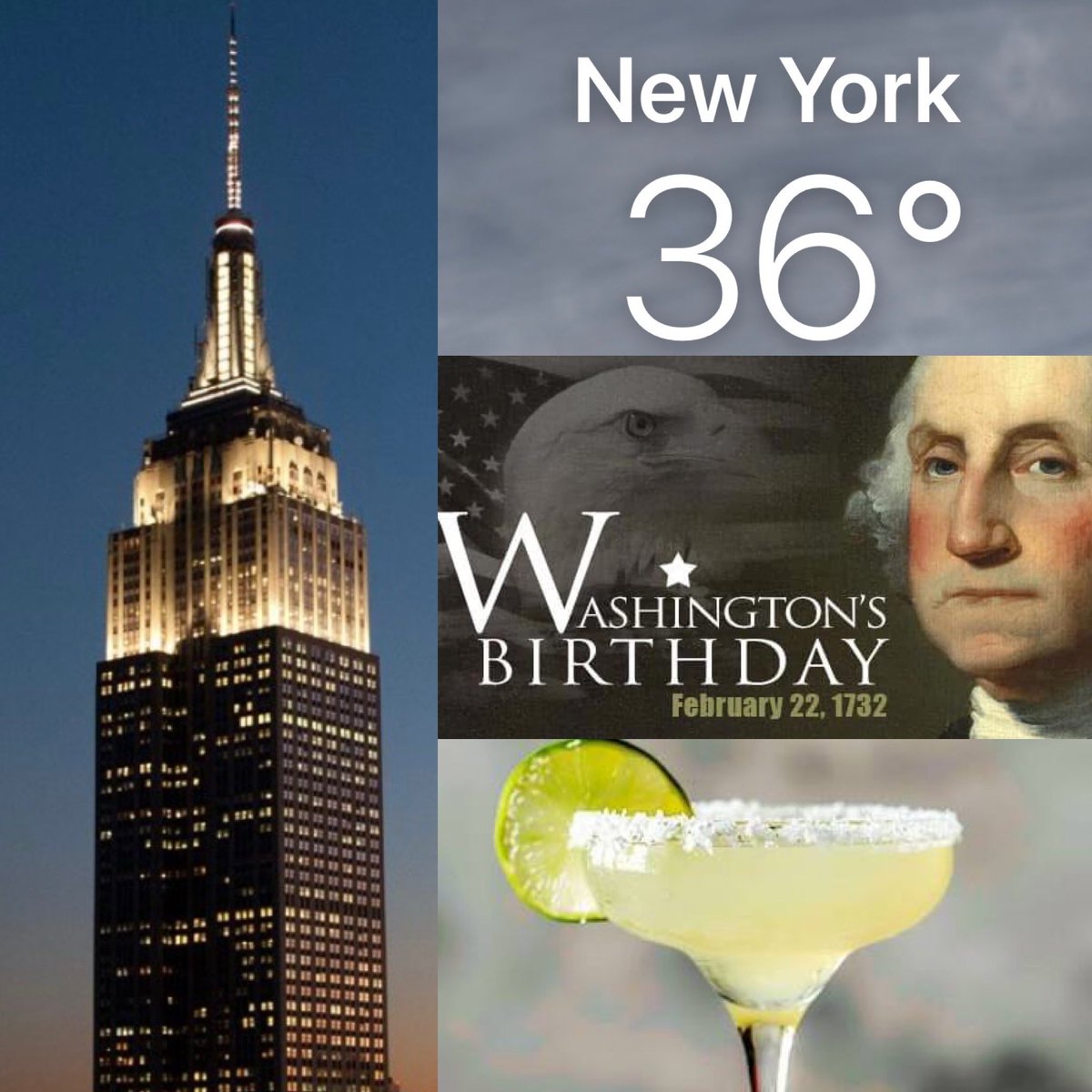 CorinnePulitzer's tweet photo. Sunset was at 5:39PM & #NYers r looking forward to temps in the 40s tomorrow. Tonight the @EmpireStateBldg is lit in Signature White while #CocktailFans are celebrating #NationalMargaritaDay & toasting #GeorgeWashington on his BDay🍋🟩🍸@NationalDayCal @NY1weather @HeyWhatDay https://t.co/C349s8Rebn