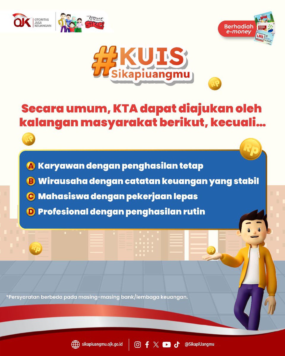 sikapiuangmu's tweet photo. Eh, #KuisSikapi minggu ini segampang ini? Masa sih? Iya dong, pasti gampang buat Sobat yang nyimak konten sepekan ke belakang!

Yuk tulis jawaban yang benar di kolom komentar! Jangan lupa mention 3 orang teman biar mereka FOMO buat dapetin hadiah e-money 

#sikapiuangmu #kuis https://t.co/7Z4gU1PmST