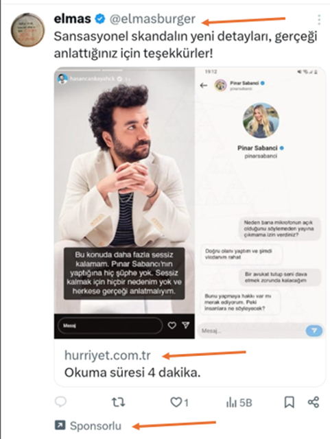 Birkaç gün önce gördüğüm bir paylaşım hürriyet.com.tr linkini veren mavi tikli <a href="/elmasburger/">elmas</a> isimli kullanıcıya ait. Başlık: “Sansasyonel skandalın yeni detayları, gerçeği anlattığınız için teşekkürler!”

Hasan Can Kaya’nın fotoğrafı ve Hasan Can Kaya ile Pınar Sabancı