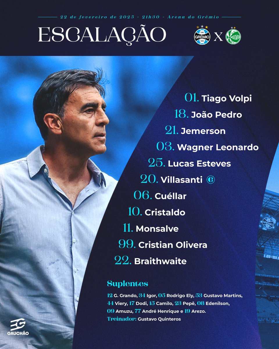 Gremio's tweet photo. 📋 ESCALAÇÃO DO IMORTAL!
[#PraTodosVerem] 
01 Tiago Volpi
18 João Pedro
21 Jemerson
03 Wagner Leonardo
25 Lucas Esteves
20 Villasanti (capitão)
06 Cuéllar
10 Cristaldo
11 Monsalve
99 Cristian Olivera
22 Braithwaite

RESERVAS
12 G. Grando, 34 Igor, 05 Rodrigo Ely, 53 Gustavo Martins, 44 Viery, 17 Dodi, 15 Camilo, 23 Pepê, 08 Edenilson, 09 Amuzu, 77 André Henrique e 19 Arezo. Treinador: Gustavo Quinteros
🇪🇪 #GRExJUV #Gauchão2025 #OCoraçãoTricolorAlenta