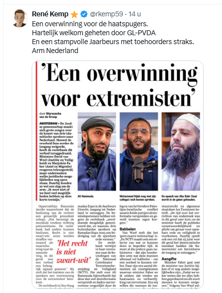 Eigenlijk maf, dat voor een stelletje haatpredikers de Jaarbeurs afgehuurd kan worden. Maar dat er geen enkel podium te vinden is voor een Joodse cabaretier.