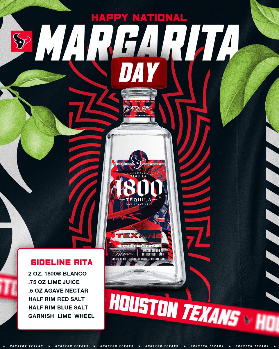 ¡Celebramos el Día Nacional de la Margarita!

Haz tu Margarita perfecta al estilo Texans con la botella “Battle Red” edición limitada.

¡Salud!