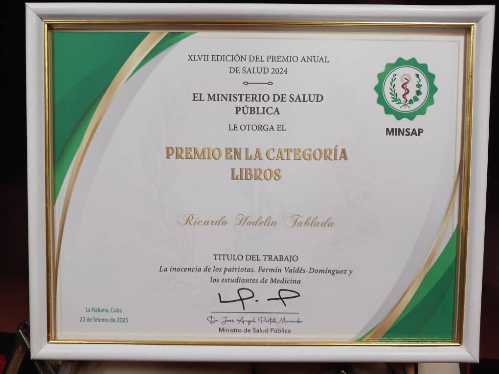 Concluyó la XLVII Edición del Premio Anual de la Salud, donde  fue premiado el Libro "La inocencia de los patriotas. Fermín Valdés Domínguez y los estudiantes de Medicina" del asociado Ricardo Hodelín Tablada, de la Filial Provincial de Santiago de Cuba.
#CubaViveEnSuHistoria