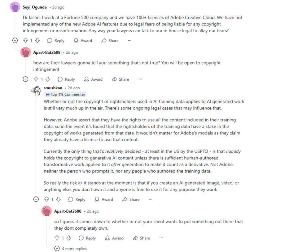 Thrillmcdermott's tweet image. ADBE has material rate limiter in corporates with AI usage. Not going to sign material AI contracts when the lawyers can&apos;t have conviction that any of the product created has full ownership and opens company up to litigration