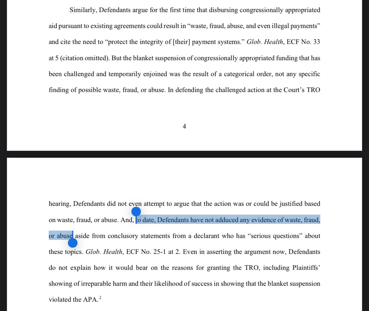 The judge who ordered State to reopen USAID’s blocked grant funds says the Trump admin has “not adduced any evidence of waste, fraud or abuse.”

ecf.dcd.uscourts.gov/cgi-bin/show_p…