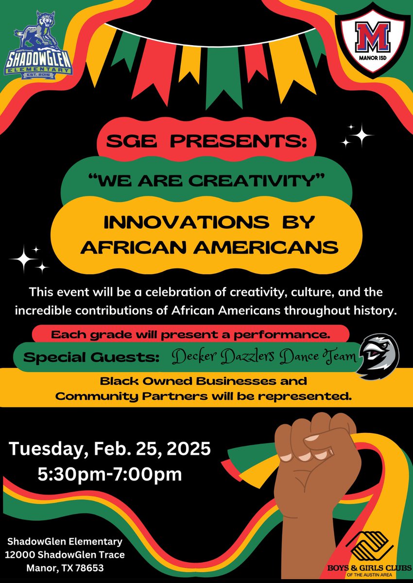 ❤️🖤💚📣SGE Families, we are thrilled to invite you to our “We ARE Creativity" Black History Celebration in the cafeteria on Tuesday, Feb. 25th, from 5:30 PM to 7:00 PM!
Each grade level will showcase an exceptional performance, and we would love for your scholar to participate!