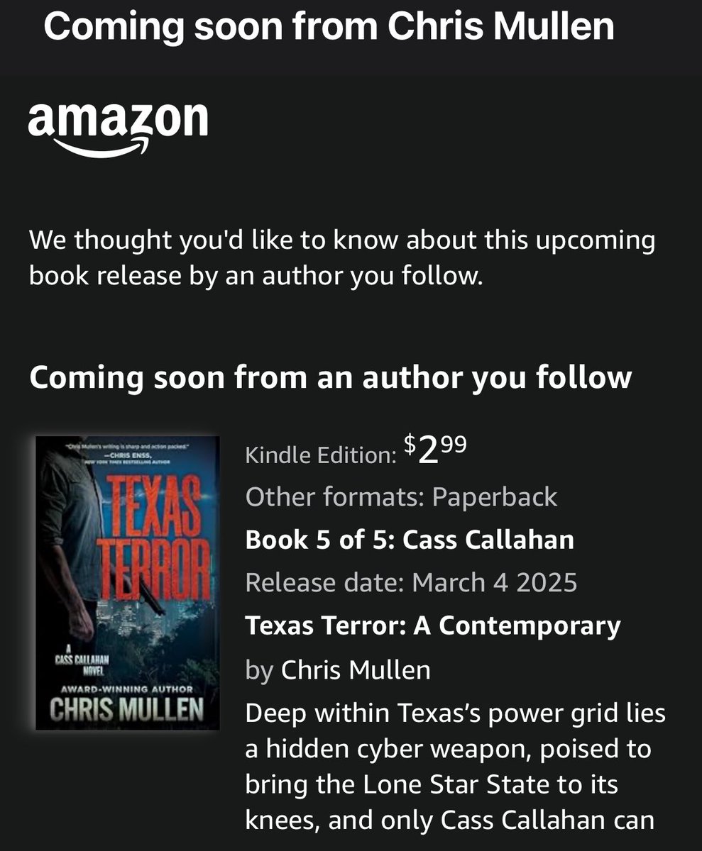 Love emails like this…😎

a.co/d/5X5jRY1

#newrelease #booklaunch #bookrelease #bookseries #bookseriesilove #amazon #email #comingsoon‼️ #chrismullenwrites