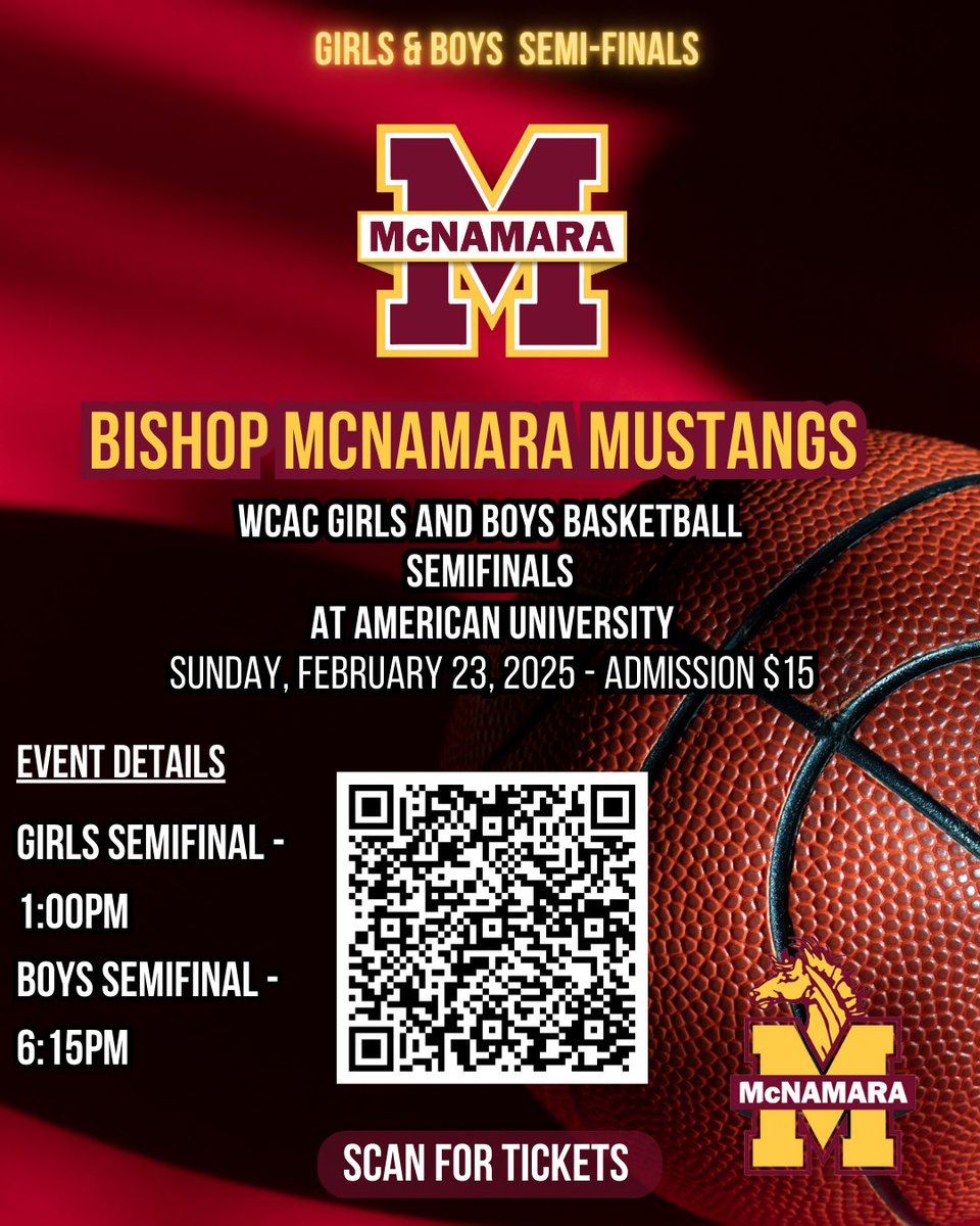 🏀🔥 WCAC Semi-Finals are here! 🔥🏀

📅 Feb 23, 2025 | American University
🏆 Girls – 1:00 PM | Boys – 6:15 PM
🎟 $15 Admission

Mustangs, let’s pack the stands! 🐎💛❤️ Grab your tickets now: bit.ly/439HWLc

#GoMustangs #WCACSemis #MustangPride