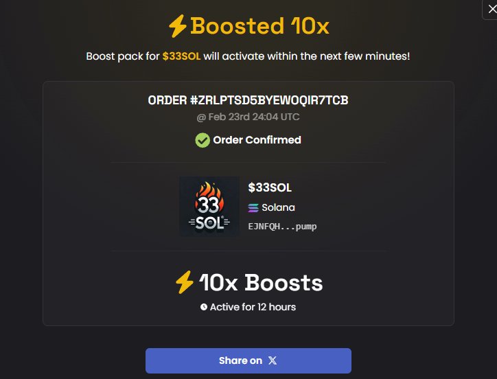 🚀 $33SOL JUST GOT A 10X BOOST! 🚀

The flames are getting bigger, and the momentum is unstoppable! 🔥
10X boost is live for the next 12 hours—time to send it to the moon! 🌕🚀