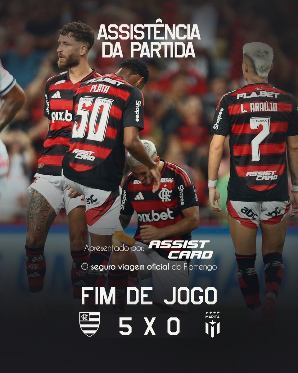 Flamengo's tweet photo. Gonzalo Plata pegou o rebote e passou na esquerda para Arrascaeta. O camisa 10 chutou colocado, com enorme categoria, para fazer o terceiro gol do Flamengo.
Assistência da Partida apresentada por Assist Card, o seguro viagem oficial do Flamengo. #AssistCardFla #AssistFla @assistcard