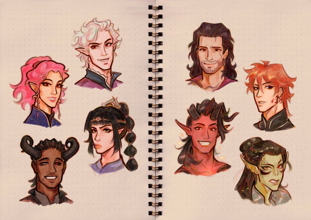 nahrgles's tweet photo. finally drew all the bg3 origin characters ft. my tav and durge who's totally not childe (it is) 

#astarion #gale #karlach #laezel #shadowheart #wyll #baldursgate3 https://t.co/UQRh0xNX1r
